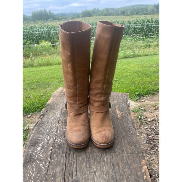 Vintage Buckled Brown Leather Knee-High Riding Boots For Women Sz 8.5 - Picture 1 of 7